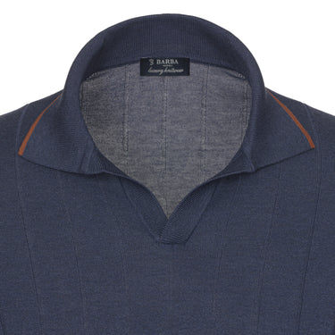 V-Neck Silk Polo Shirt in Dark Blue