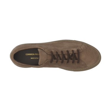 Top view of Common Projects Achilles Tonal sneaker 2478 9417 in dark brown suede, showcasing premium craftsmanship and minimalist design.