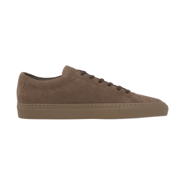 Side profile of Common Projects 2478 9417 Achilles Tonal sneaker in dark brown suede, featuring clean lines and tonal rubber sole.