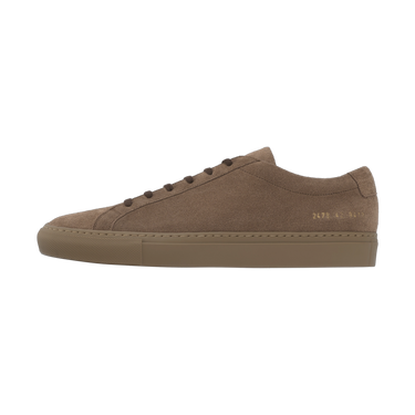 Lateral view of Common Projects Achilles Tonal sneaker 2478 9417 with gold foil serial number detail and dark brown suede upper.