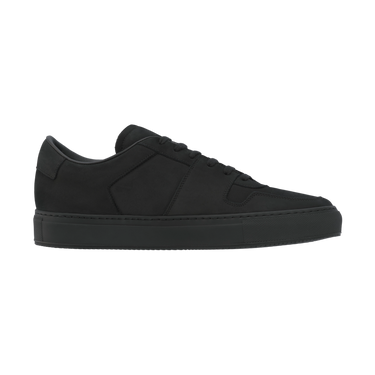 Side profile of black 'Decades' sneaker by Common Projects, featuring sleek nubuck leather and clean panel construction.