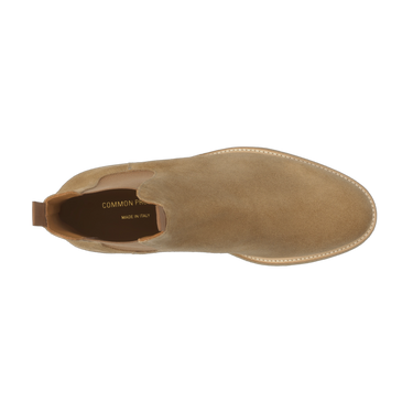 Top view of Common Projects Waxed Suede Chelsea Boot in Light Brown showing sleek silhouette and fine stitching. Made in Italy, SS25 collection.
