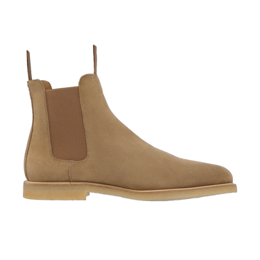 Side profile of Common Projects 2495 1302 Chelsea Boot in Light Brown suede with tonal elastic panel and crepe sole. SS25 luxury men's boots.