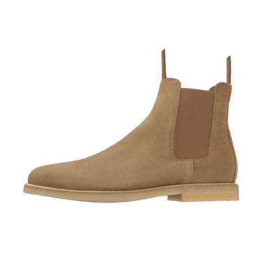 Opposite side view of Common Projects Light Brown Chelsea Boot with waxed suede finish and minimalist design. SS25 premium shoe collection.