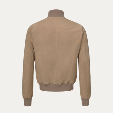 Button-Up Suede Bomber Jacket in Peanut Brown