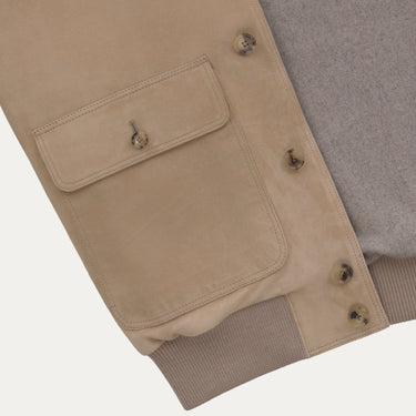 Button-Up Suede Bomber Jacket in Peanut Brown