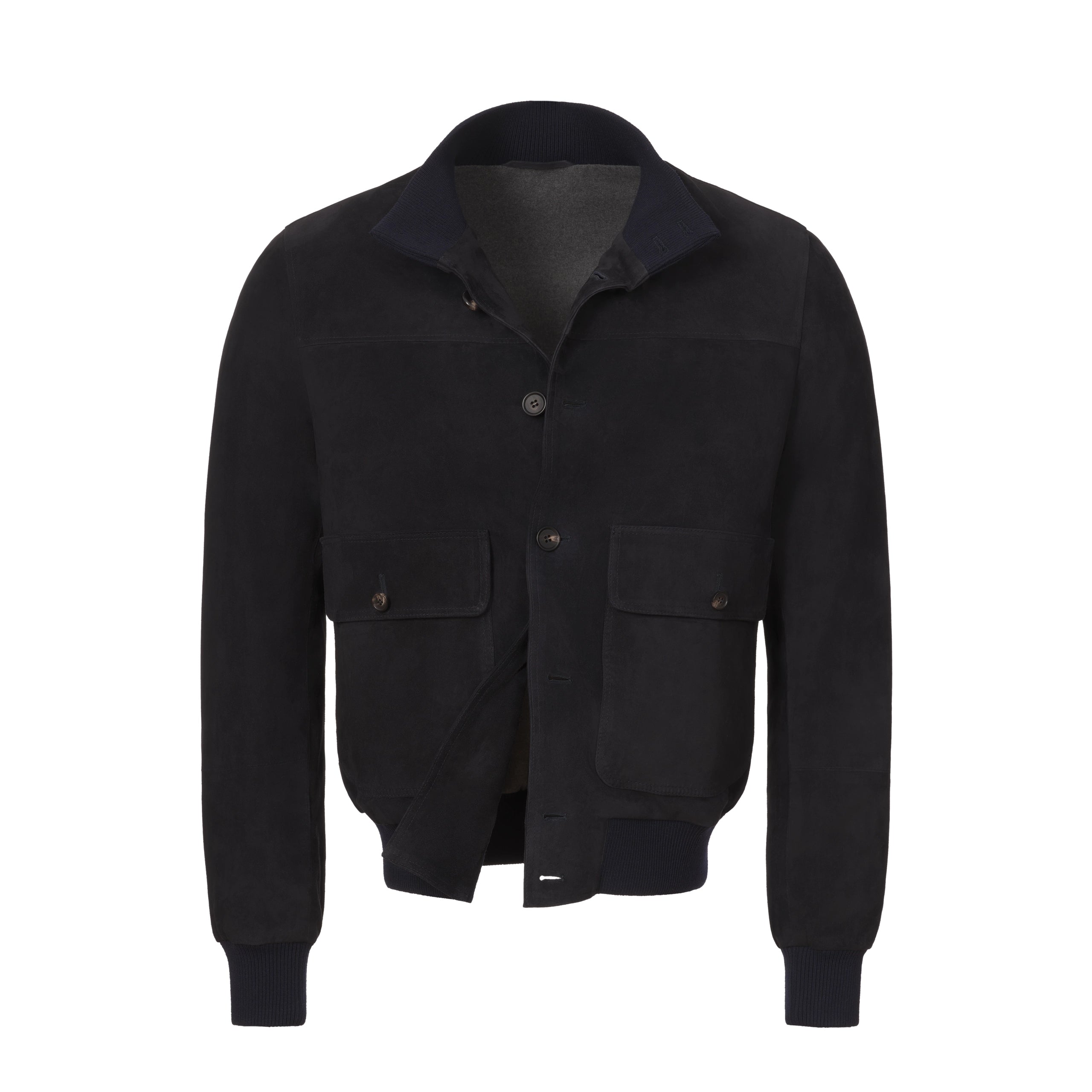 Button-Up Suede Bomber Jacket in Navy Blue