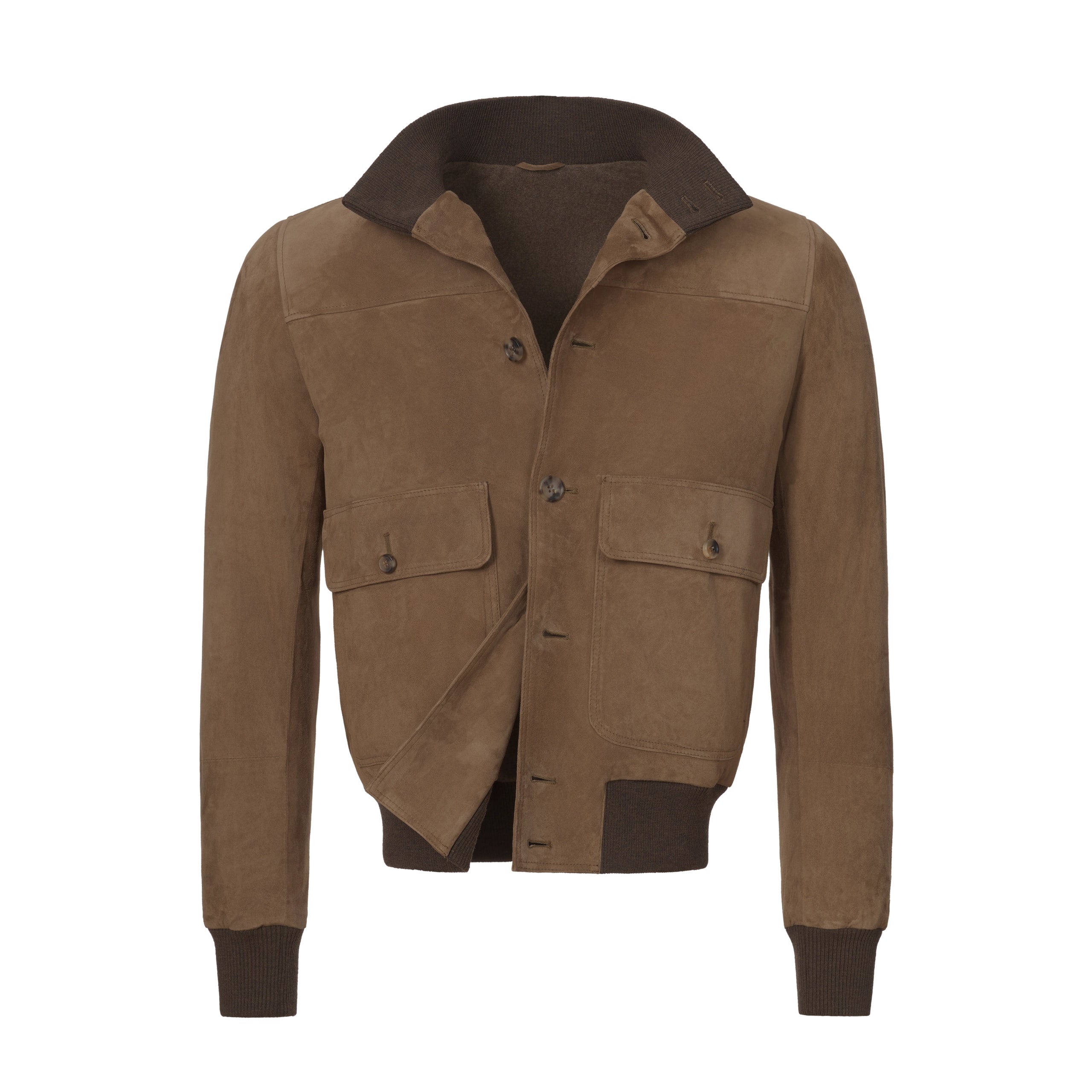 Button-Up Suede Bomber Jacket in Medium Brown