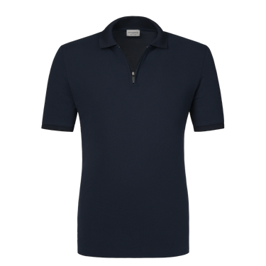 Zipped Cotton Polo Shirt in Dark Blue