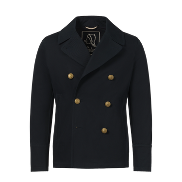 Sealup Amalfi Peacoat in Navy Blue with double-breasted gold buttons, tailored for spring/summer outerwear by SARTALE.