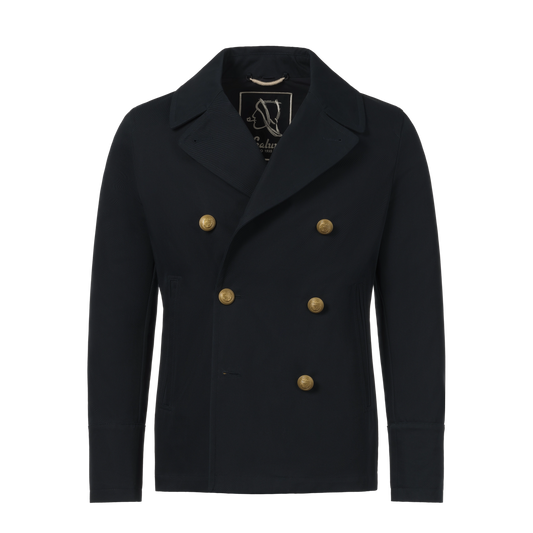 Sealup Amalfi Peacoat in Navy Blue with double-breasted gold buttons, tailored for spring/summer outerwear by SARTALE.