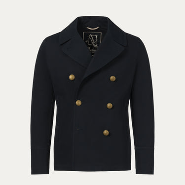 Sealup Amalfi Peacoat in Navy Blue with double-breasted gold buttons, tailored for spring/summer outerwear by SARTALE.
