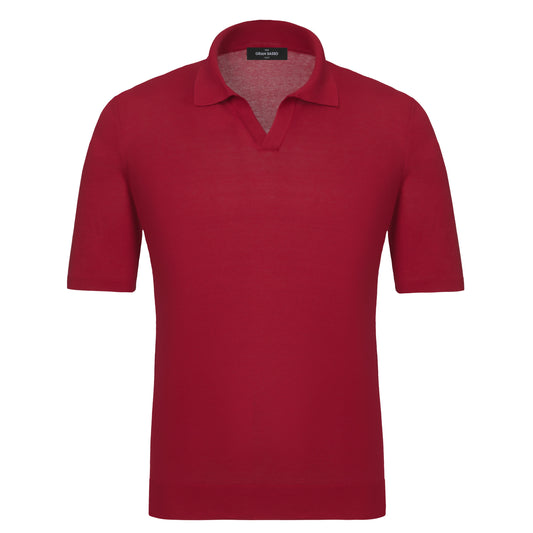 V-Neck Silk Polo Shirt in Raspberry Red