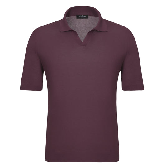 V-Neck Silk Polo Shirt in Plum Purple