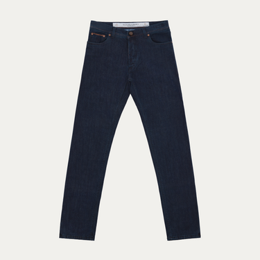 Vaqueros de cinco bolsillos de algodón elástico de corte regular en denim oscuro con orillo