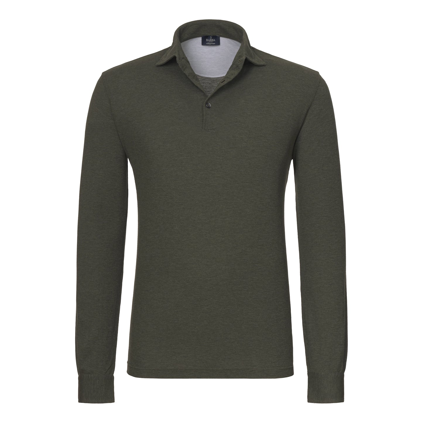Cotton Polo Shirt in Green Melange with Long Sleeves