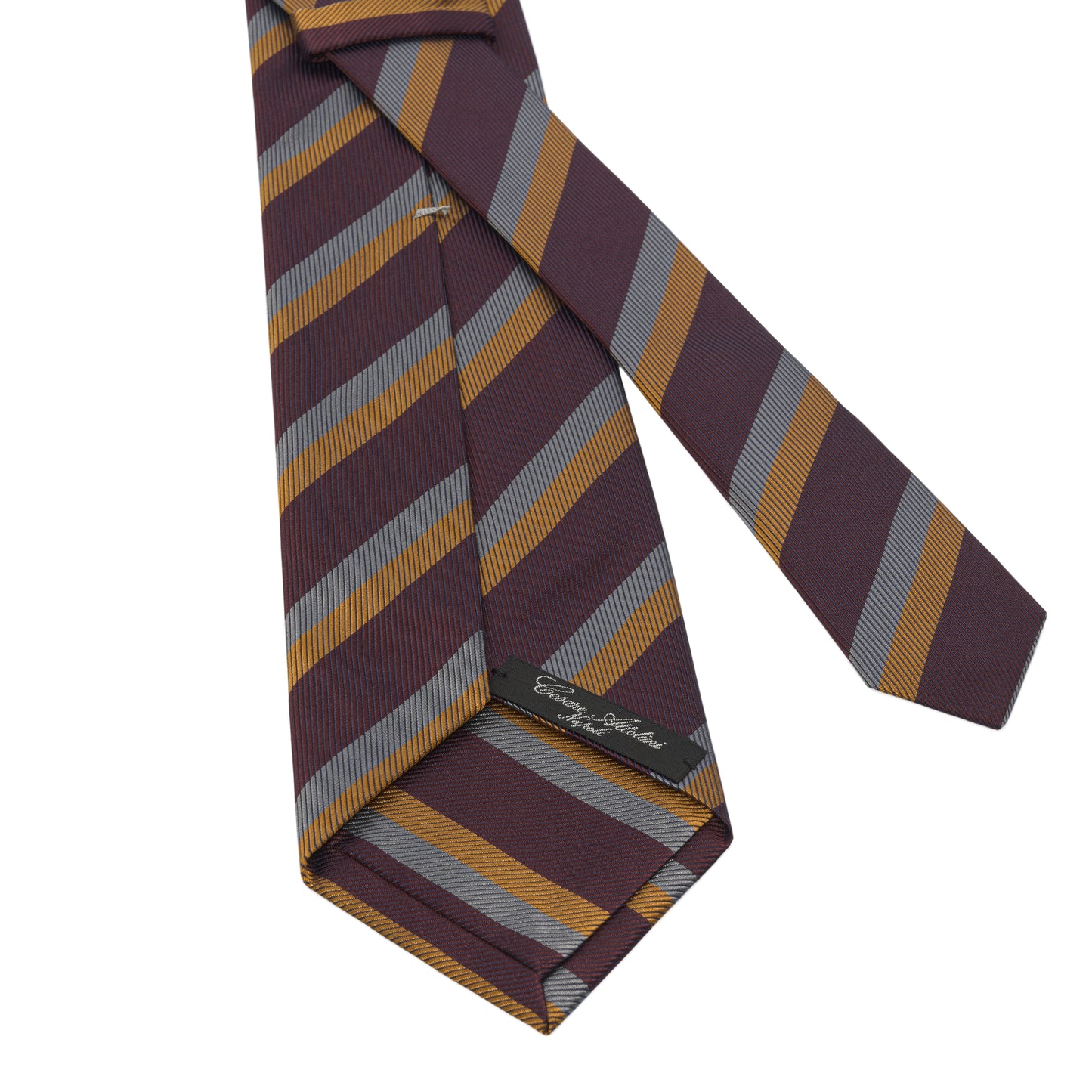 Regimental Silk Self-Tipped Tie in Purple, Yellow and Grey