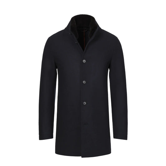 Cashmere Coat with Weasel Collar in Dark Blue