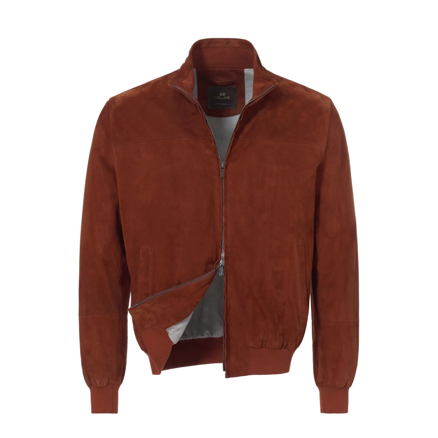 Suede Leather Slim-Fit Bomber Jacket in Brick Red