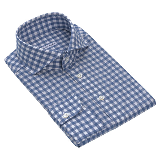 Gingham-Checked Cotton Shirt in Denim Blue and White