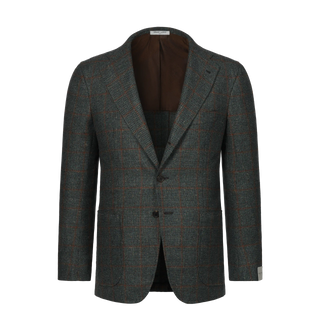 Orazio Luciano single-breasted wool checked jacket in soft green and brown with notch lapels and two-button closure, ideal for winter wear.