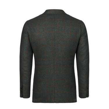 Back view of Orazio Luciano soft green and brown wool checked jacket showing tailored fit and classic check pattern for refined menswear styling.