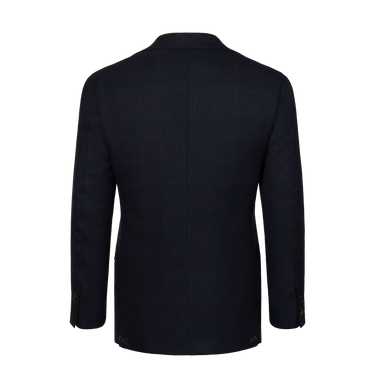 Back view of Orazio Luciano navy blue wool suit jacket featuring a clean, structured design with a soft check pattern. Perfect for elegant menswear styling.