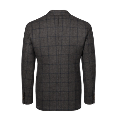 Back view of Orazio Luciano brown and dark blue checked wool jacket, showcasing tailored fit and premium fabric for formal wear.