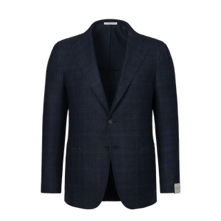 Orazio Luciano single-breasted Prince of Wales checked jacket in dark blue and brown with notch lapels and patch pockets, front view. Premium outerwear from SARTALE.