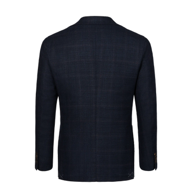 Back view of Orazio Luciano dark blue and brown Prince of Wales checked jacket, showcasing tailored fit and fine wool texture. Ideal for winter collections.