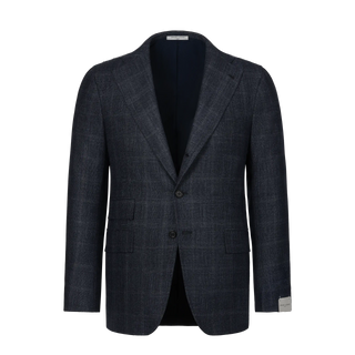 Orazio Luciano single-breasted Prince of Wales wool suit jacket in dark blue with notch lapels and front flap pockets, ideal for winter formalwear.