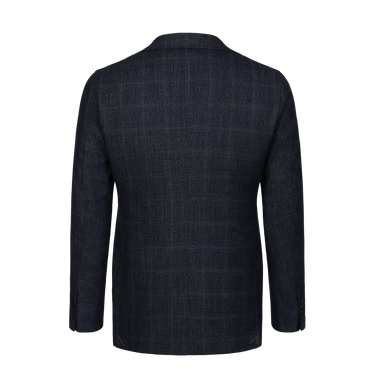 Back view of Orazio Luciano dark blue Prince of Wales wool suit jacket showcasing tailored fit and subtle check pattern for refined menswear styling.