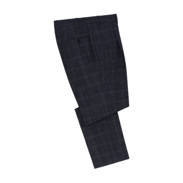 Orazio Luciano dark blue Prince of Wales wool suit trousers folded neatly, part of a luxury two-piece suit perfect for winter and formal occasions.