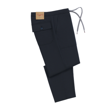 Virgin Wool Drawstring Trousers in Dark Blue Melange
