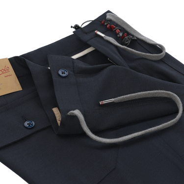 Virgin Wool Drawstring Trousers in Dark Blue Melange