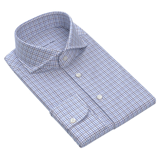 Tattersall-Checked Cotton Shirt in White and Blue Multicolor