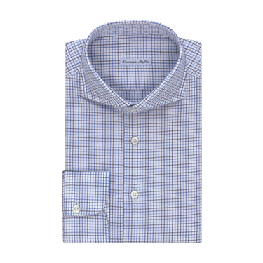 Tattersall-Checked Cotton Shirt in White and Blue Multicolor
