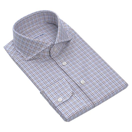 Tattersall-Checked Cotton Shirt in White, Blue and Brown