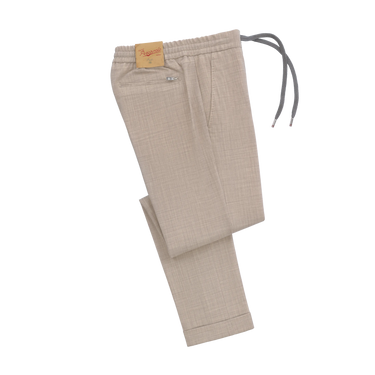 Virgin Wool Drawstring Trousers in Light Beige Melange