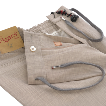 Virgin Wool Drawstring Trousers in Light Beige Melange