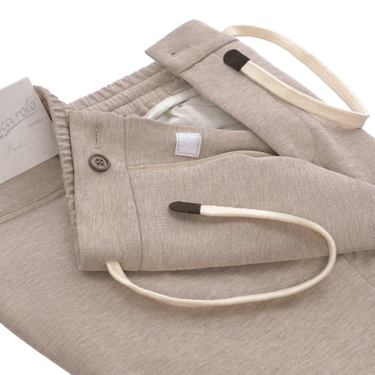 Cotton-Silk Blend Drawstring Trousers in Beige