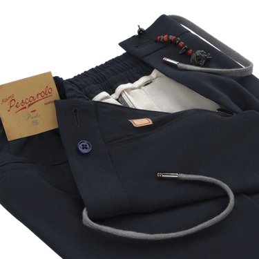 Virgin Wool Drawstring Trousers in Dark Blue Melange