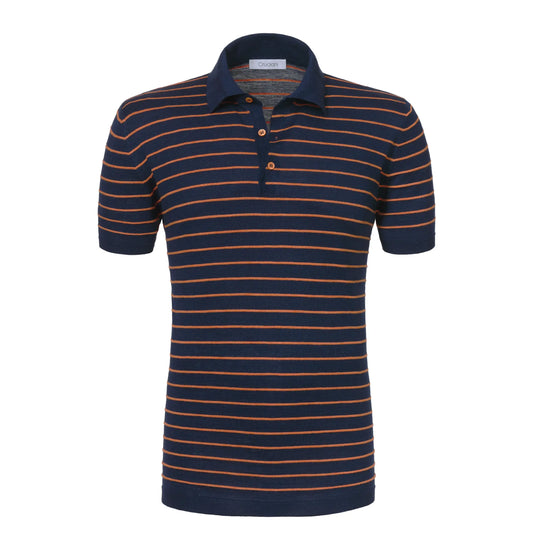 Gestreiftes Poloshirt aus Seiden- und Leinenmischung in Blau und Orange