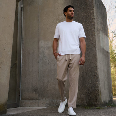 Cotton-Silk Blend Drawstring Trousers in Beige