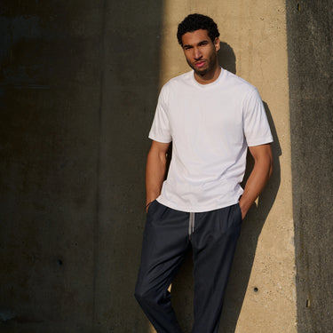 Virgin Wool Drawstring Trousers in Dark Blue Melange
