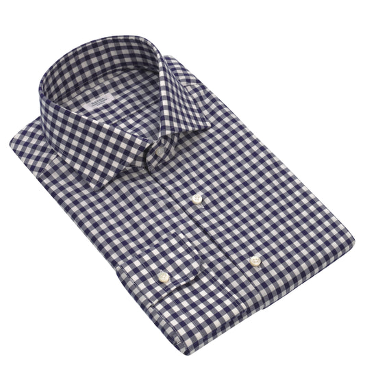 Gingham-Checked Cotton Shirt in White and Cosmos Blue