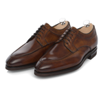 Bontoni Quasimodo five-eyelet split toe Derby in brown leather with hand-stitched details, shown in a front angle for Sartale's SS25 collection.