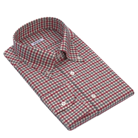 Gingham-Check Cotton Shirt in Grey and Cherry Red