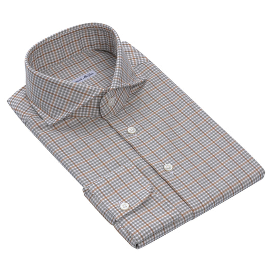 Gingham-Checked Cotton-Blend Shirt in White, Grey and Brown