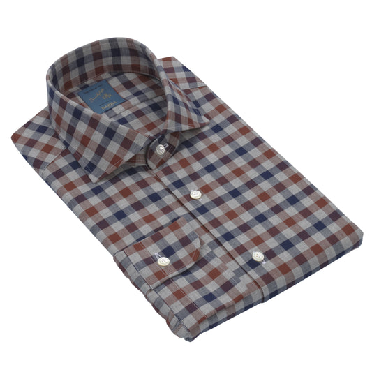 "Dandy Life" Gingham-Check Cotton Shirt in Blue, Brown and Grey